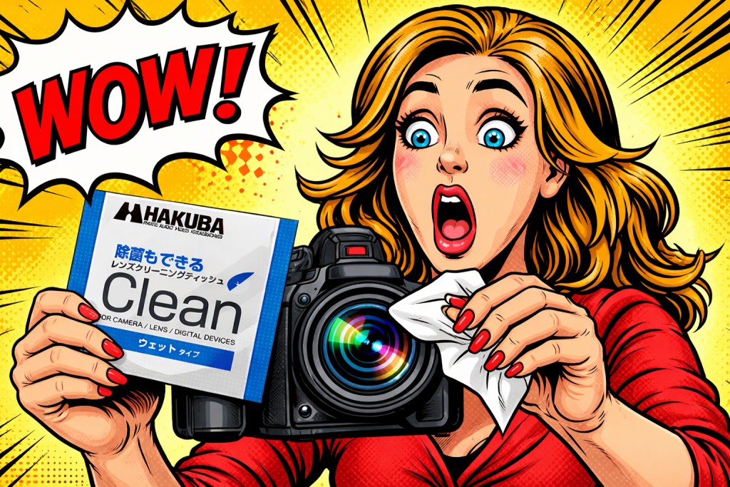HAKUBAのカメラクリーニングを使っている女性