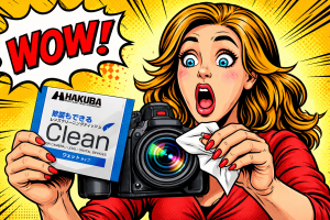 HAKUBAのカメラクリーニングを使っている女性