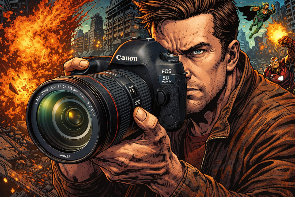 Canon EOS 5Dカメラを戦場で撮影する男性