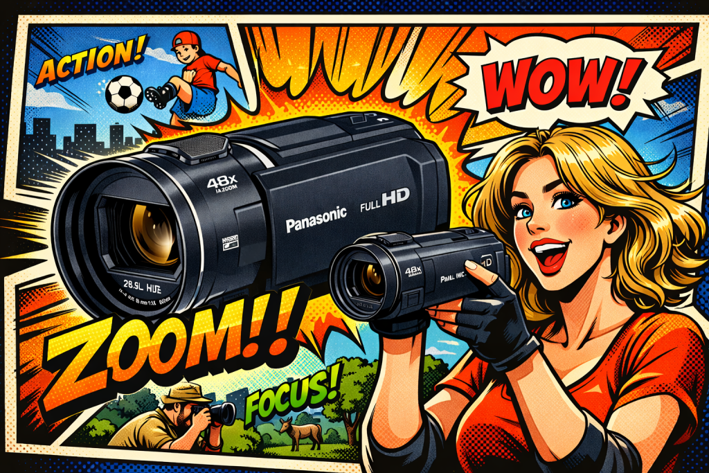 光学ズームレンズを備えたビデオカメラ本体が黒背景で正面から配置されている構図