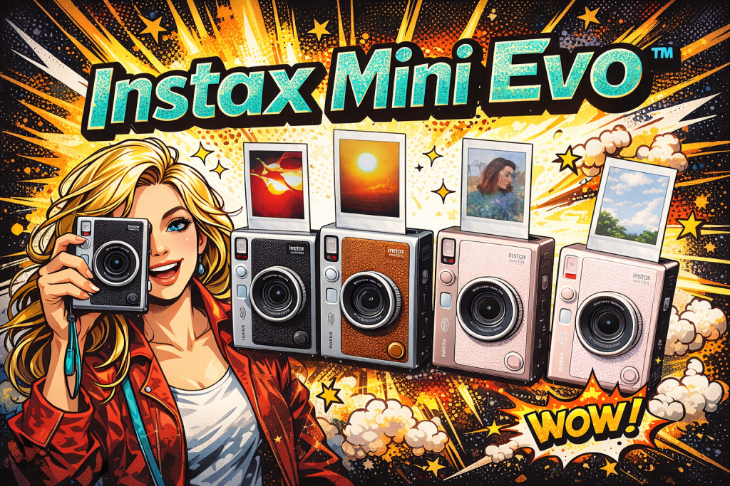 instax mini Evoの黒とブラウンとピンクの本体が並び上部にフィルムプリントが表示されている構図