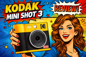 黄色と黒のツートンカラーのインスタントプリント対応カメラを正面から撮影した製品外観