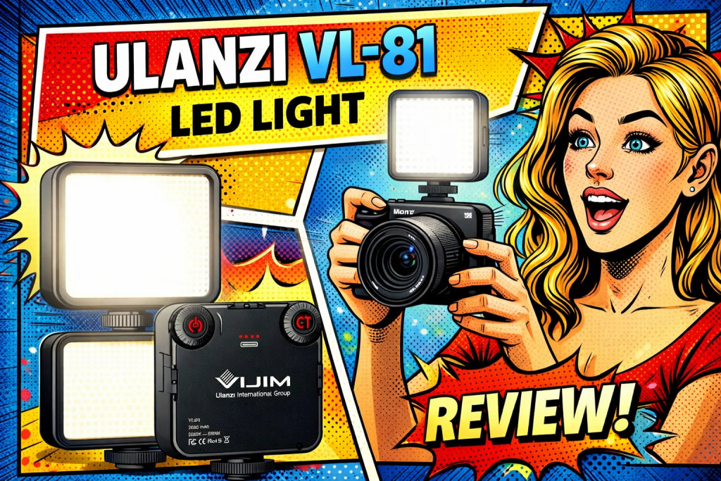 Ulanzi VL-81のLEDライト本体と操作ダイヤル付き背面とカメラ装着時の発光状態を確認できる構成