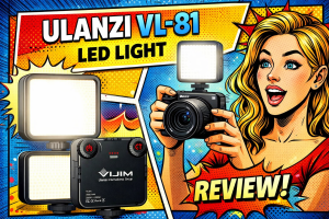 Ulanzi VL-81のLEDライト本体と操作ダイヤル付き背面とカメラ装着時の発光状態を確認できる構成